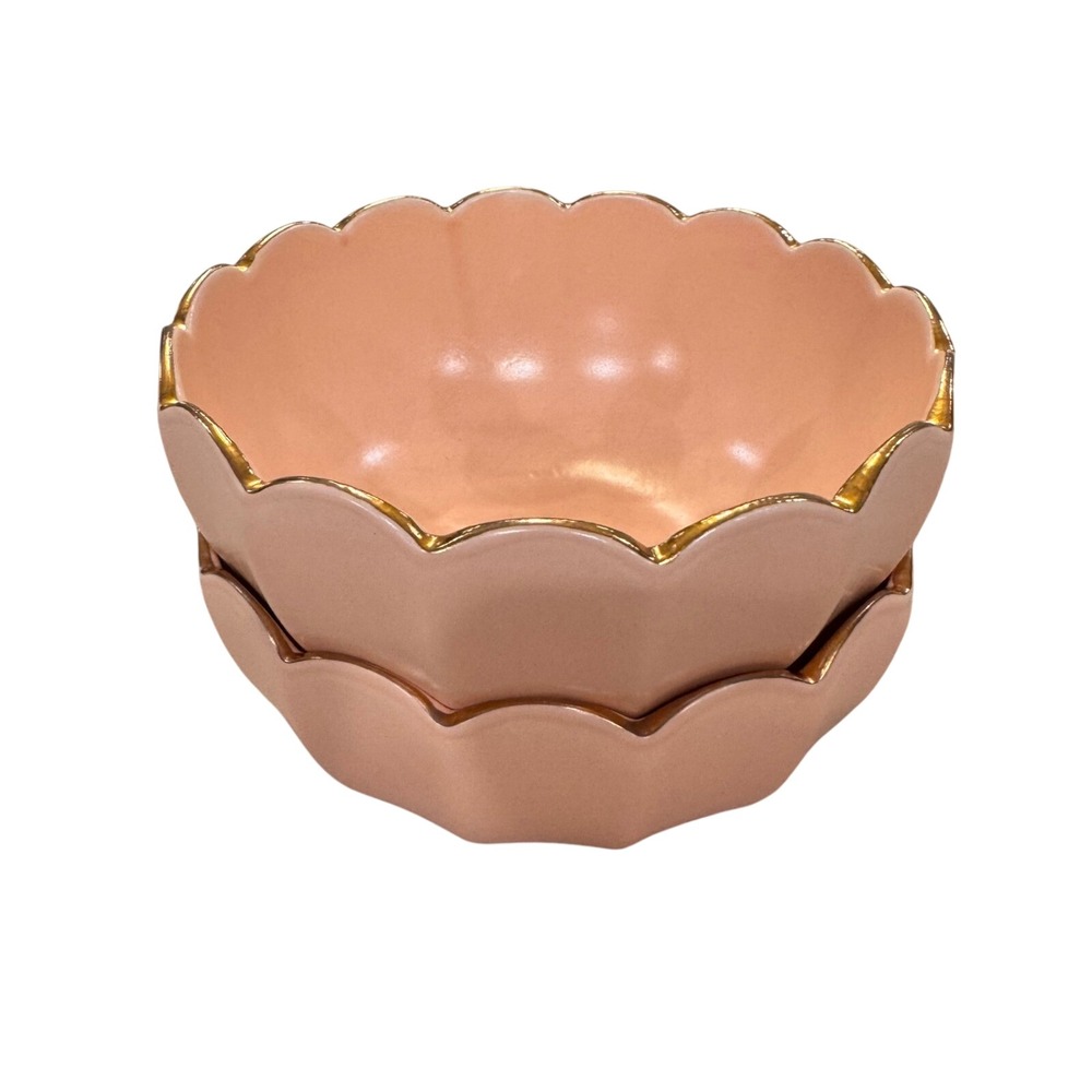 Parisian Pink Blush Scallop Ceramic Bowls Dish Gold Trim Coquette Glam Set of 2